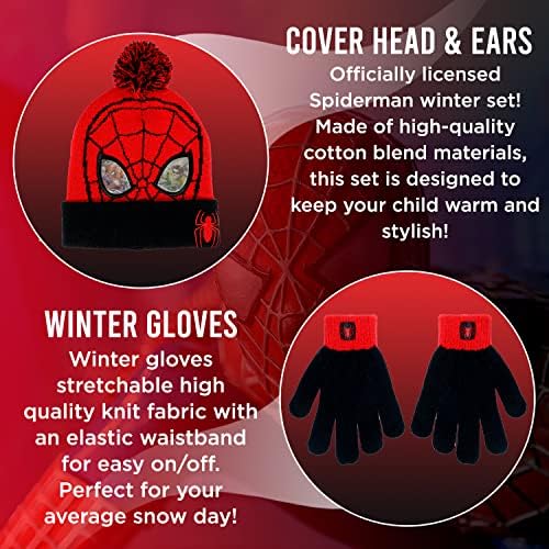 Детска зимна шапка и зимни ръкавици с картина на спайдърмен на Marvel за момчета и деца, комплект от 2 теми, Шапчица с pom-помераните и топли ръкавици без пръсти