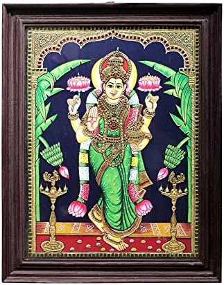 Снимка на Екзотична Индия 21 x 27 Богинята Лакшми Танджоре | Традиционните Цветове С 24-Каратово злато | Рамка от Тиково дърво | Gol