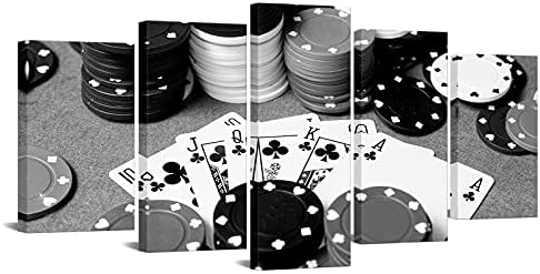 LevvArts - 5 бр., Щампи върху платно, е Черно-бяла Картина с изображение на Покер, Стенно Изкуство за кръчма, Бар, Казино, Монтиране на Украса, Опъната и Лесно Подвешиваетс?
