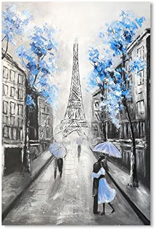 YPY Абстрактен Париж Платно Стенно Изкуство: Черно-Бяла Снимка с Айфеловата Кула за декор Хол, Синьо-Сива Ръчно Рисувани Текстурирани Живопис с маслени Бои на Съврем