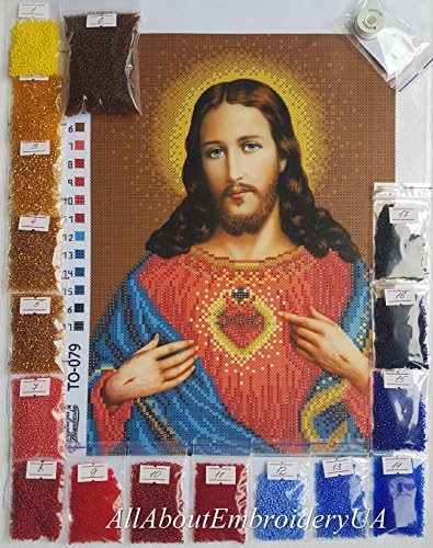 Свещеното Сърце на Исус Христос - Бродерия с мъниста САМ kit Религиозна Икона на Католическата Живопис Свято