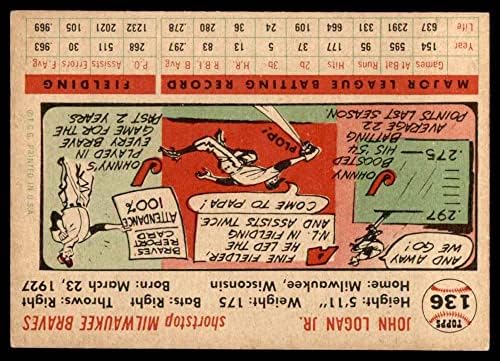 1956 Topps # 136 с Джони Логаном Милуоки Брейвз (Бейзболна картичка) (Бяла спин) VG/EX Брейвз