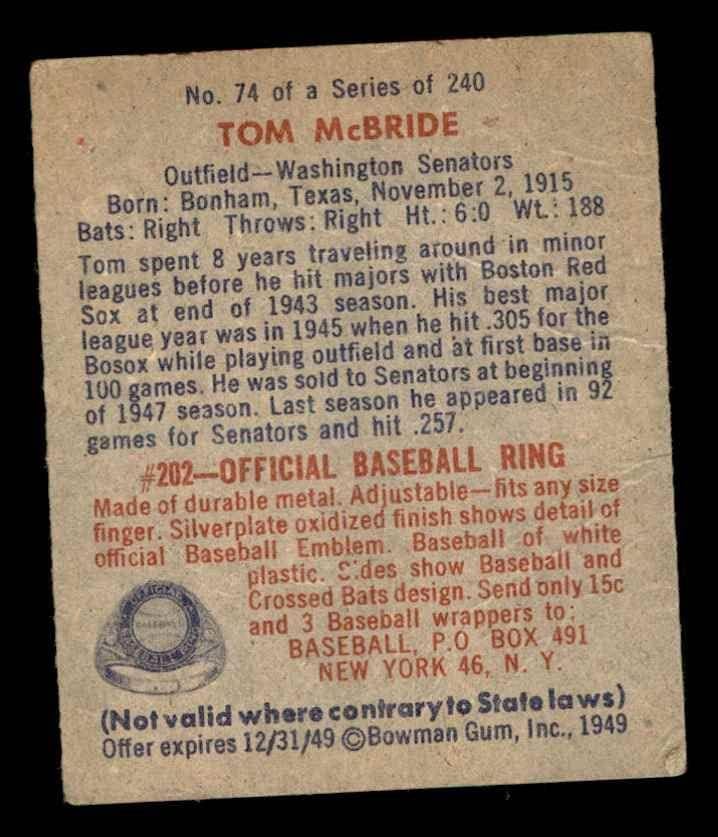 1949 Боуман # 74 Том Макбрайд Вашингтон Сенатърс (Бейзболна картичка) VG Senators