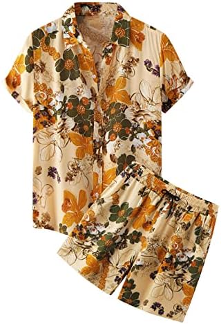 RbCulf/Мъжки Хавайски Ризи и къси Панталони с цветен Модел, комплект от 2 теми, Блуза с къс ръкав и ревера на Копчета, Потници, Облекло За Плаж, Почивка
