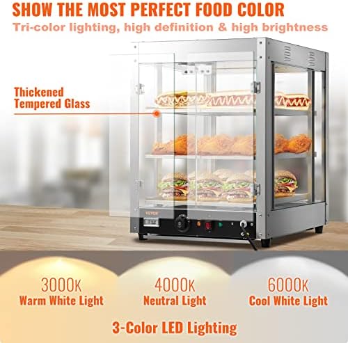 Търговска витрина за подгряване на продукти VEVOR, 3 Нива, Нагревател за пица с капацитет 800 W с 3D-топъл,