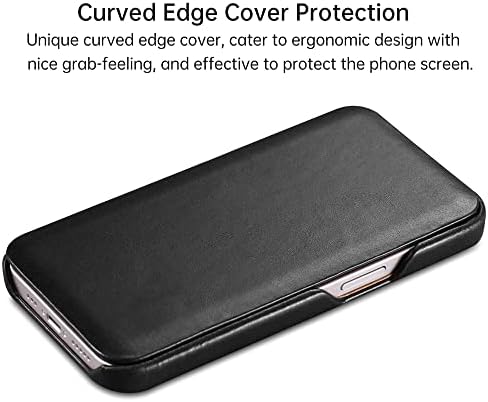 Кожен флип калъф за iPhone 13 Pro (6,1 инча), серия iCarer Реколта от естествена телешка кожа с Извит край,