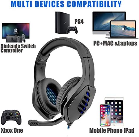 Стерео слушалки за игри на J1 със съраунд звук 7.1, за PS4/PS5/PC/Xbox One/Контролер, Led Светлини, Бас, намаляване