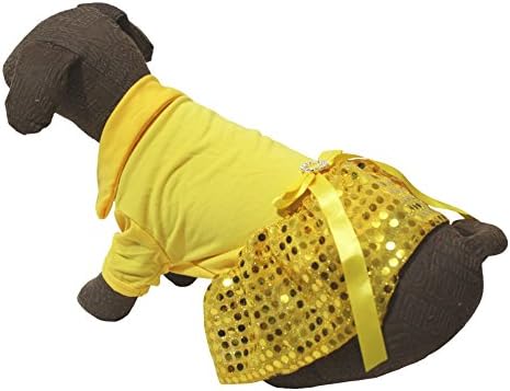 Облекло за Кутрета, Рокля за кучета, Однотонная Жълт Памучен Тениска, Пакетче с Пайети (Малка)