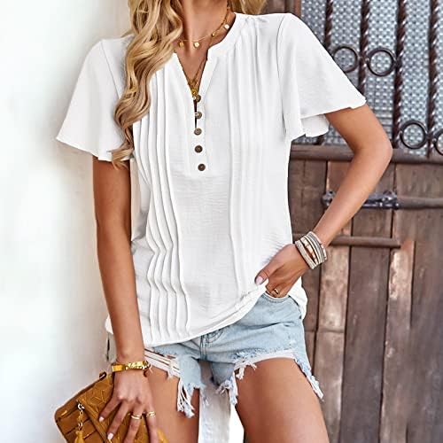 Дамски Модни Тениска С V образно деколте и рюшами копчета, Блузи С ръкави-рюшами, Блузи Свободно, Намаляване,