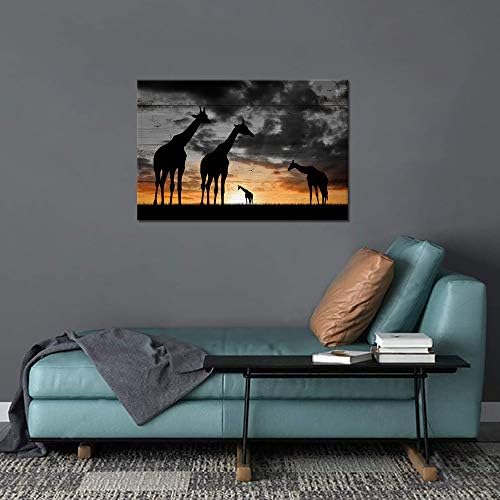 SkenoArt Жирафи Платно Стенно Изкуство Африка Златен Залез Пейзаж Плакат С Изображение на Семейството Животински