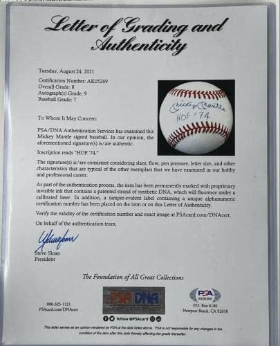 Мики Мэнтл КОПИТО 74, Подписана бейзболни топки PSA /DNA LOA Auto 9-ти клас, на Общо 8 Бейзболни топки с автографи
