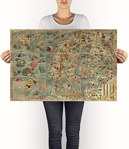 Морска карта на Скандинавия, съставена от Олаусом Магнус в 1527-39 години. Карта На Марина. Швеция, Дания, Норвегия, Исландия и Финландия. Старинна Преиздаване