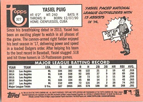 2018 Бейзболна картичка Topps Heritage 327 Ясиэля Пуига Лос Анджелис Доджърс