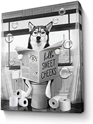 Забавно Куче Хъски Монтиране на Изкуството на Черно-Бяло Куче, Баня Принт Селска Къща, Баня Животни Стенен Декор