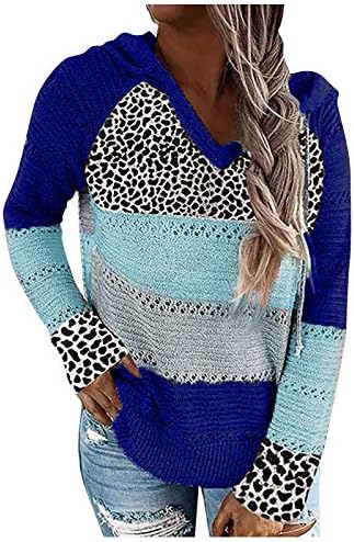 Жена Пуловер Кабелна Тел, Леопардовый Пуловер в стил Мозайка с V-образно деколте и Дълъг Ръкав, Пуловер С качулка,