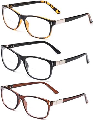 Опаковка от 3 Теми Бифокални Очила За Четене В Правоъгълна Рамка Унисекс Бифокални Очила За Четене 1,75 с Чехлами