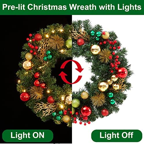 Предварително текущ Коледен Венец с Подсветка за входната врата, 22-инчов Коледен Венец с Изкуствено осветление
