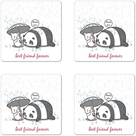Комплект от 4 Анимационни каботажните Ambesonne, Малката Котка, Държи чадър с Пандой в Дъждовно време, най-Добрият