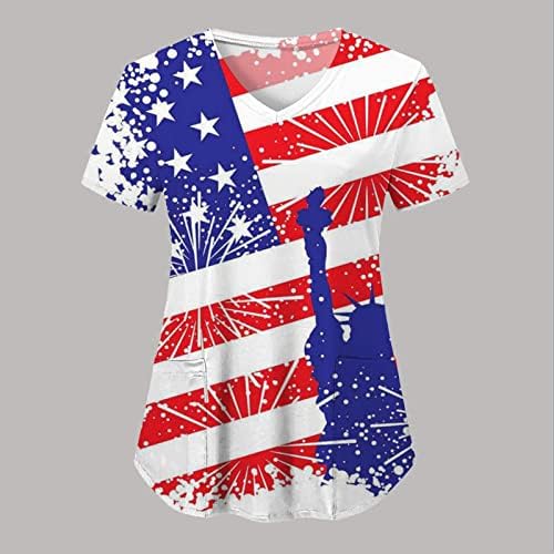 Женска тениска с 4-ти юли, Флаг на САЩ, Летни Тениски с Къс ръкав и V-Образно деколте, 2 Джоба, Блузи, Празнична