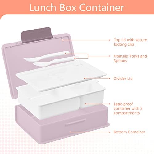 Kigai Розово Цвете Контейнер за Обяд 1000 мл Bento Box с Лъжица и Вилици, 3 Отделения, Контейнери За Съхраняване