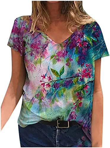 Дамски Памучен Блуза Свободно Намаляване с V Образно деколте и Цветен Модел Тениска за Момичета Есен-Лято DI