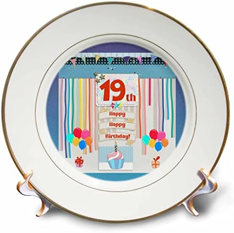 Триизмерен образ на етикет на 19-ти рожден ден, Торта, Свещи, балони, подаръци, Серпентина - Чинии (cp_359179_1)
