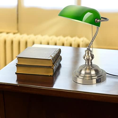 Настолна Лампа FIRVRE Green Glass Bankers с 2 Порта бърза USB зареждане, Класическа Реколта Настолна Лампа с